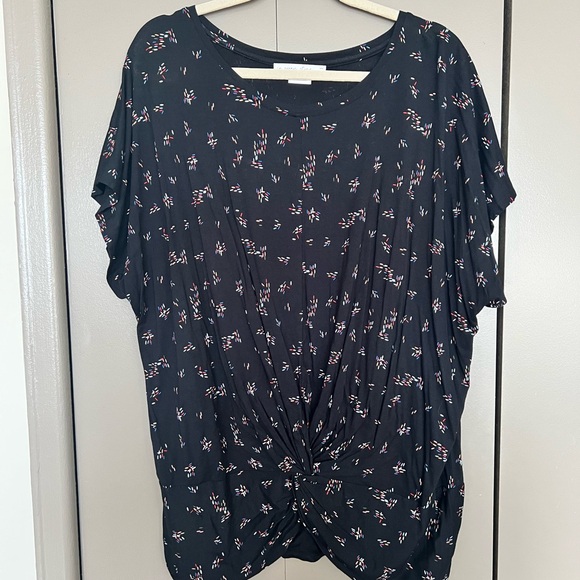 Addition Elle Tops - Addition Elle Black Short Sleeve Knot-Front Tee with Pink Floral Accents